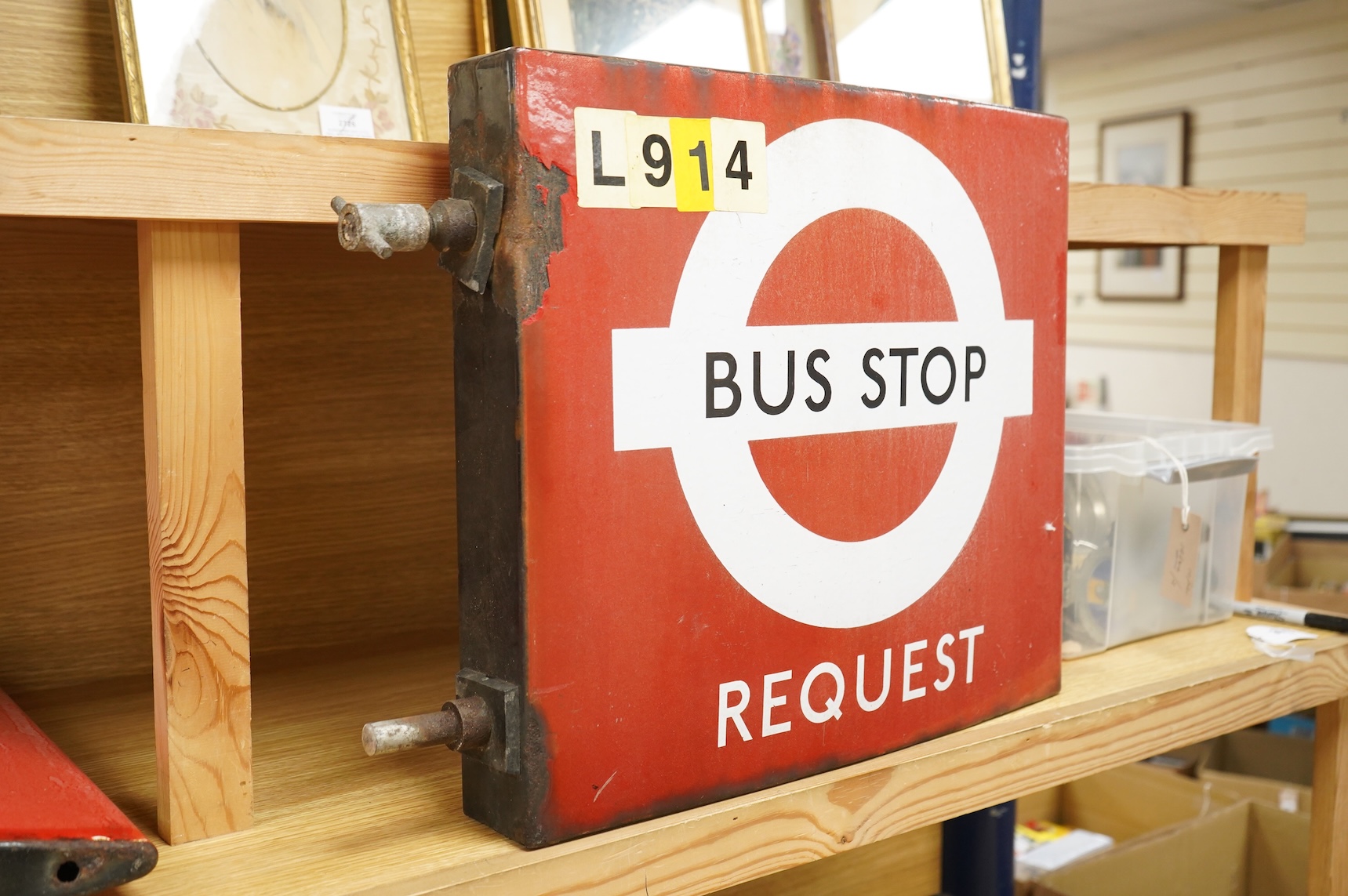 A London Transport double sided enamel Bus Stop Request sign, with applied stickers to both sides reading; ‘L914’, applied serial number underneath; 8787
